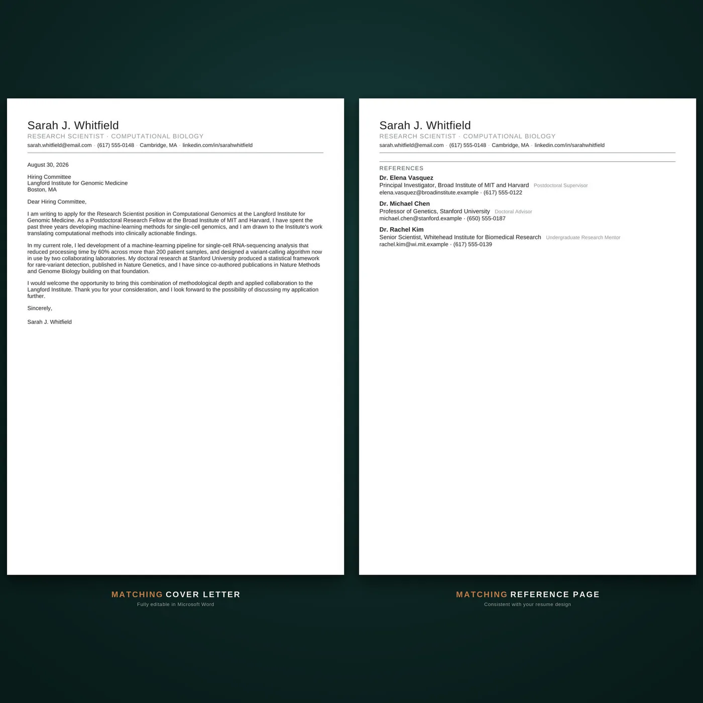 Academic résumé template — matching cover letter & references