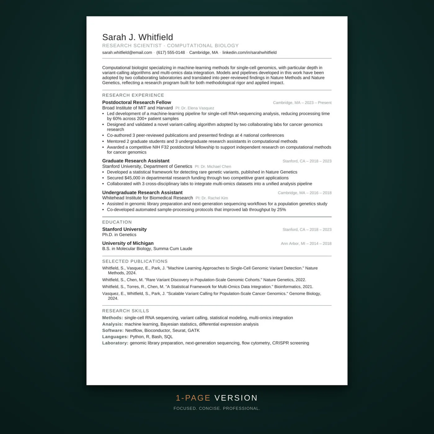 Academic résumé template — one-page layout