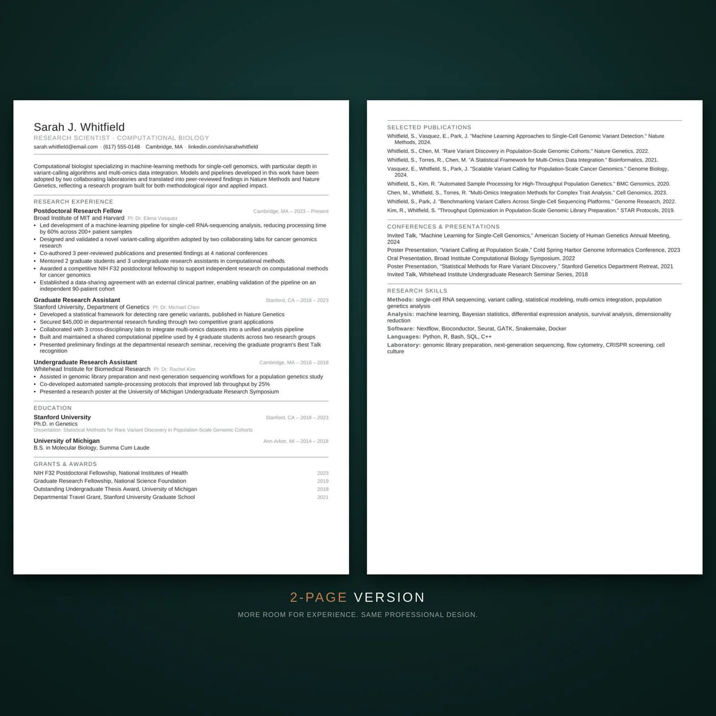 Academic résumé template — two-page layout