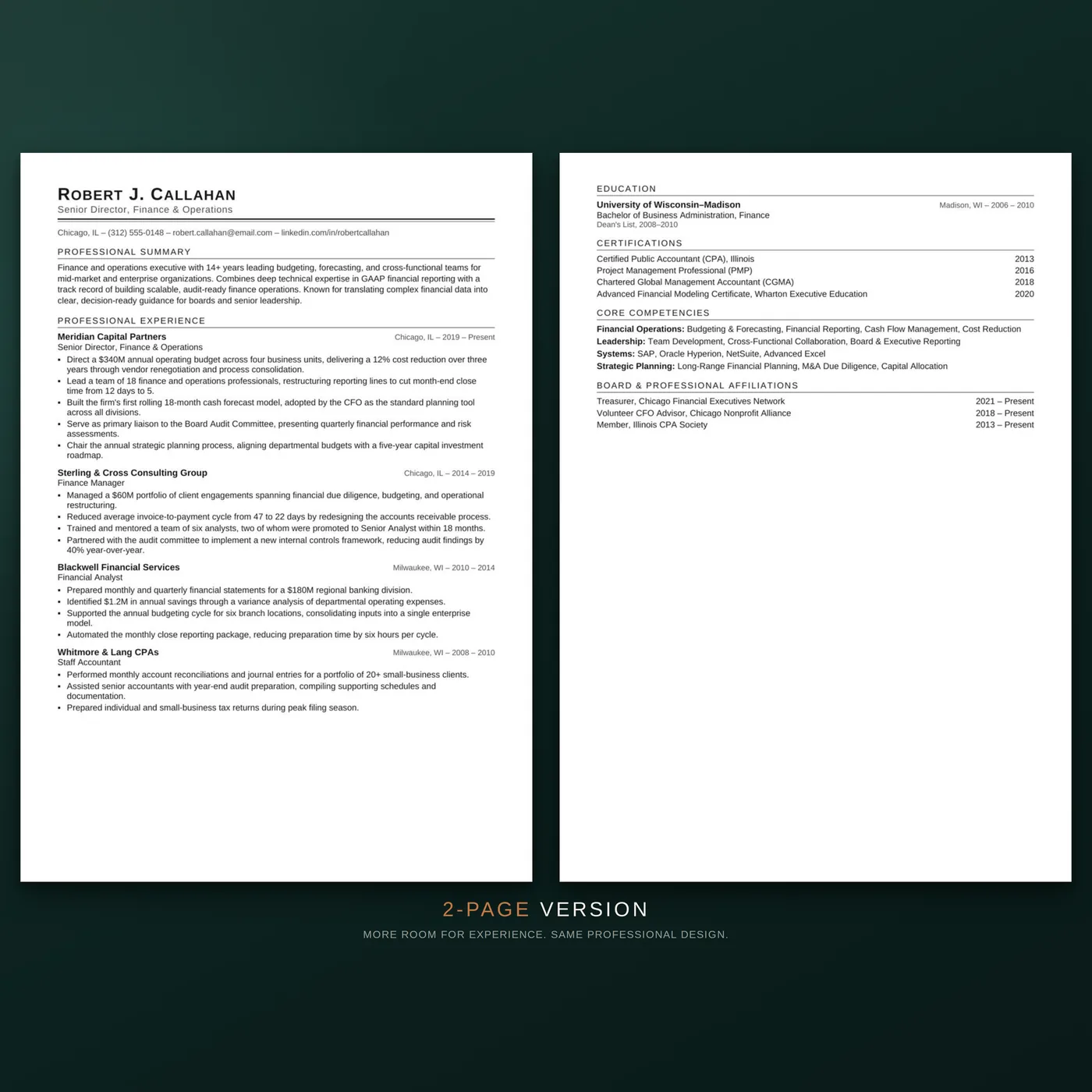 Classic résumé template — two-page layout