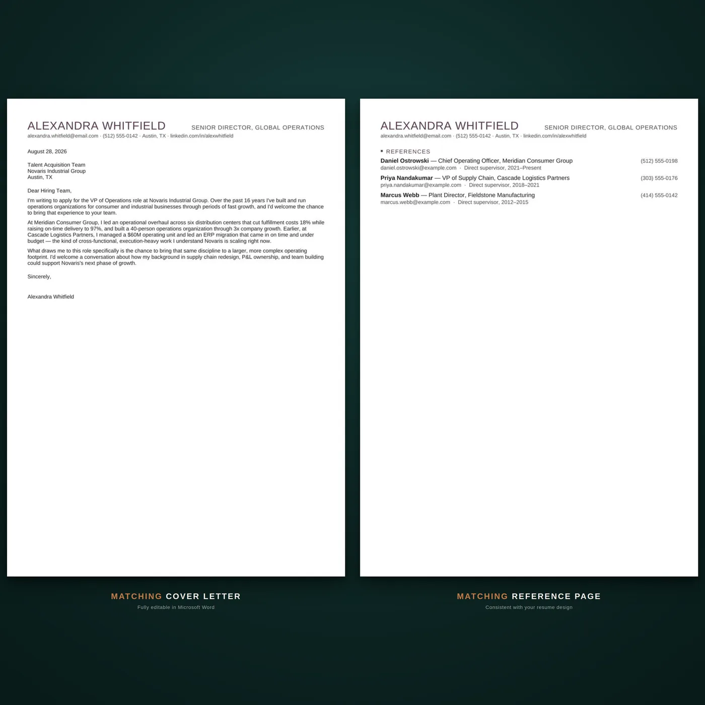 Compact résumé template — matching cover letter & references