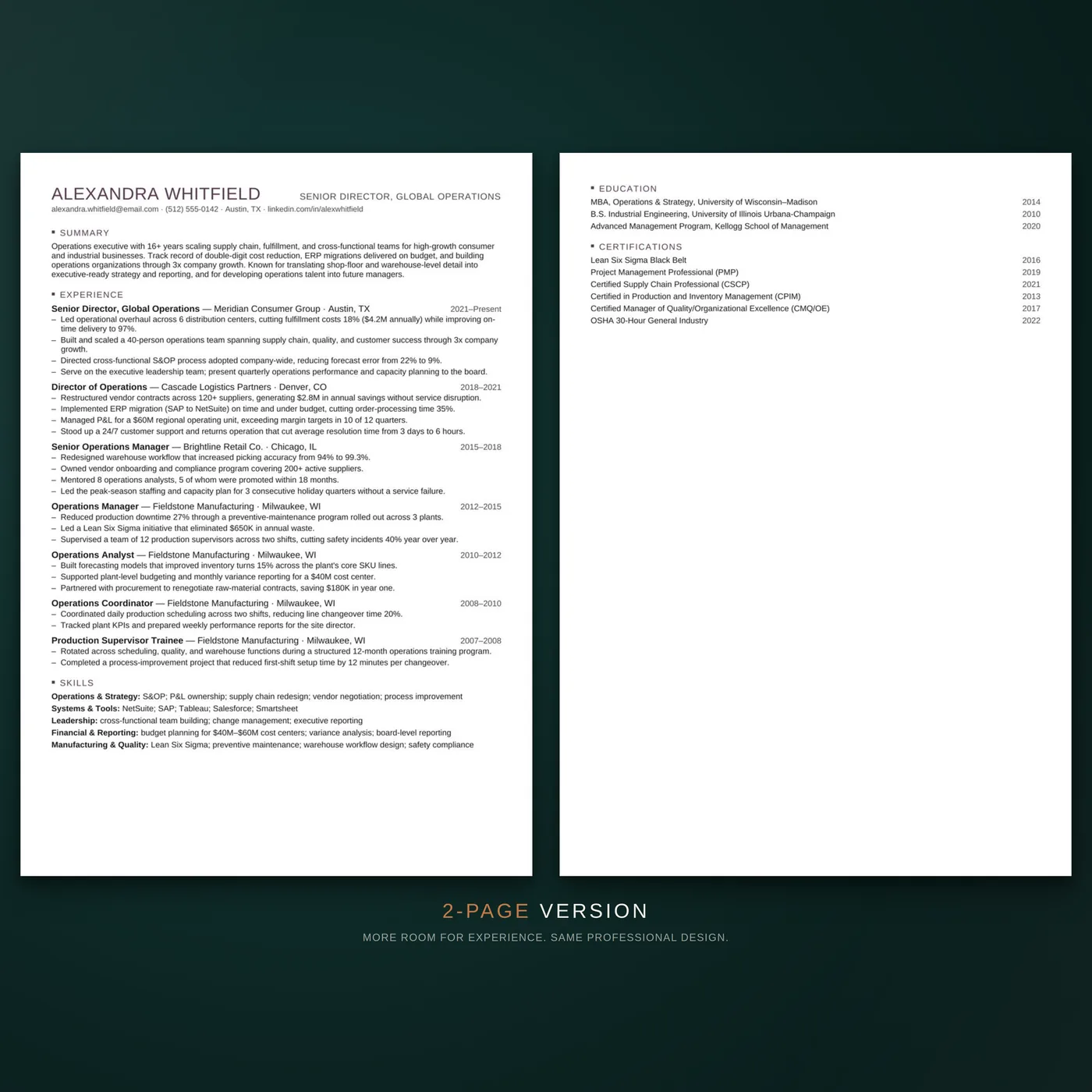 Compact résumé template — two-page layout