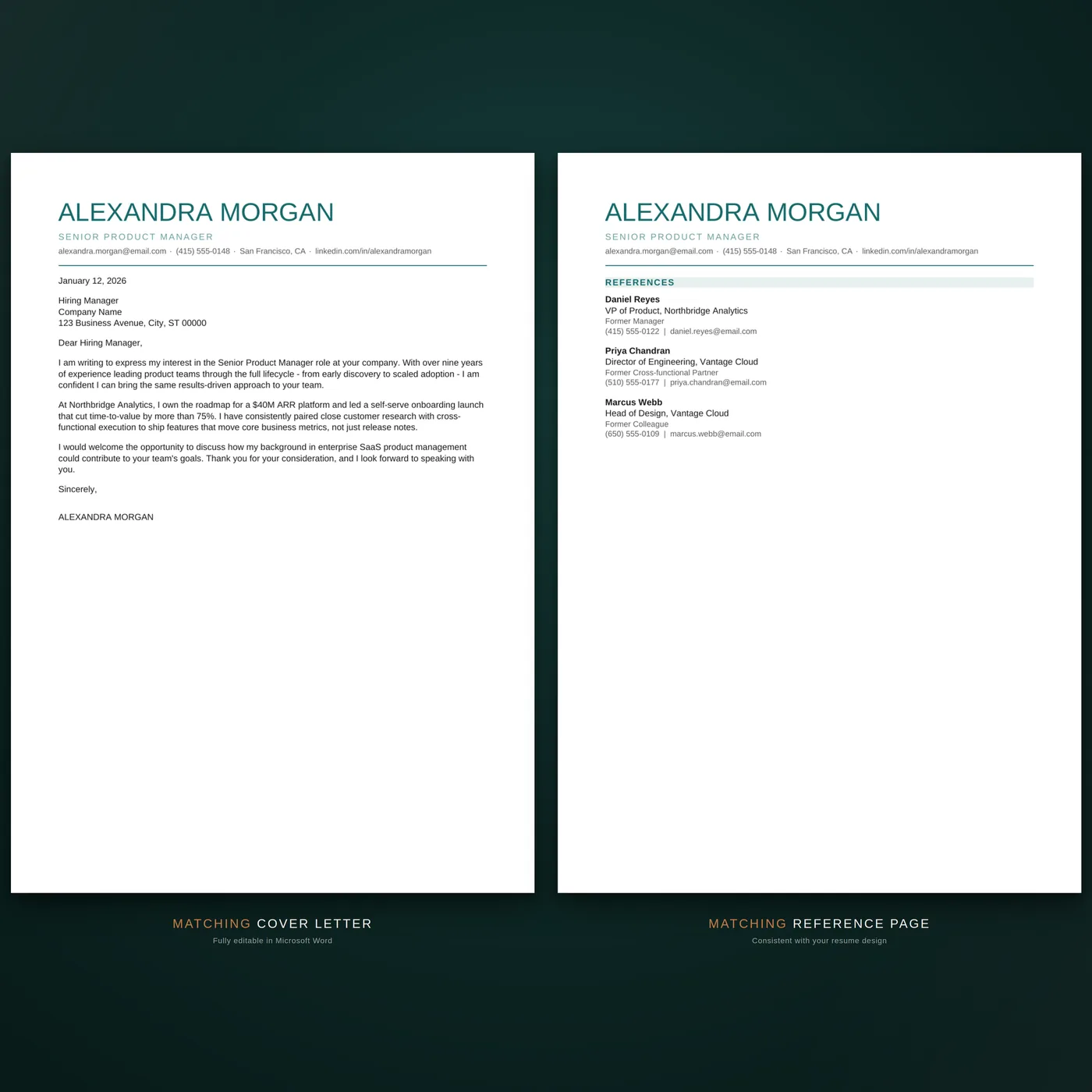 Creative résumé template — matching cover letter & references
