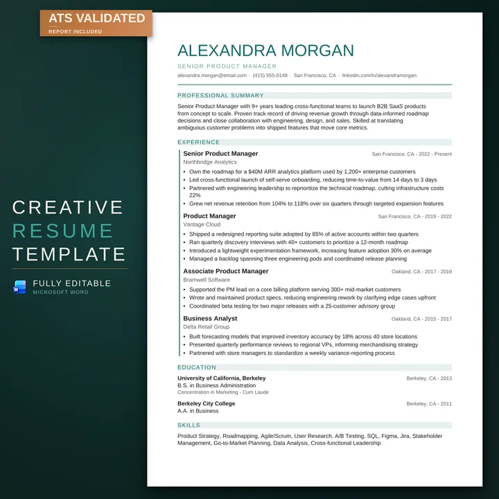 Creative résumé template — listing image on the RoberOnix teal background