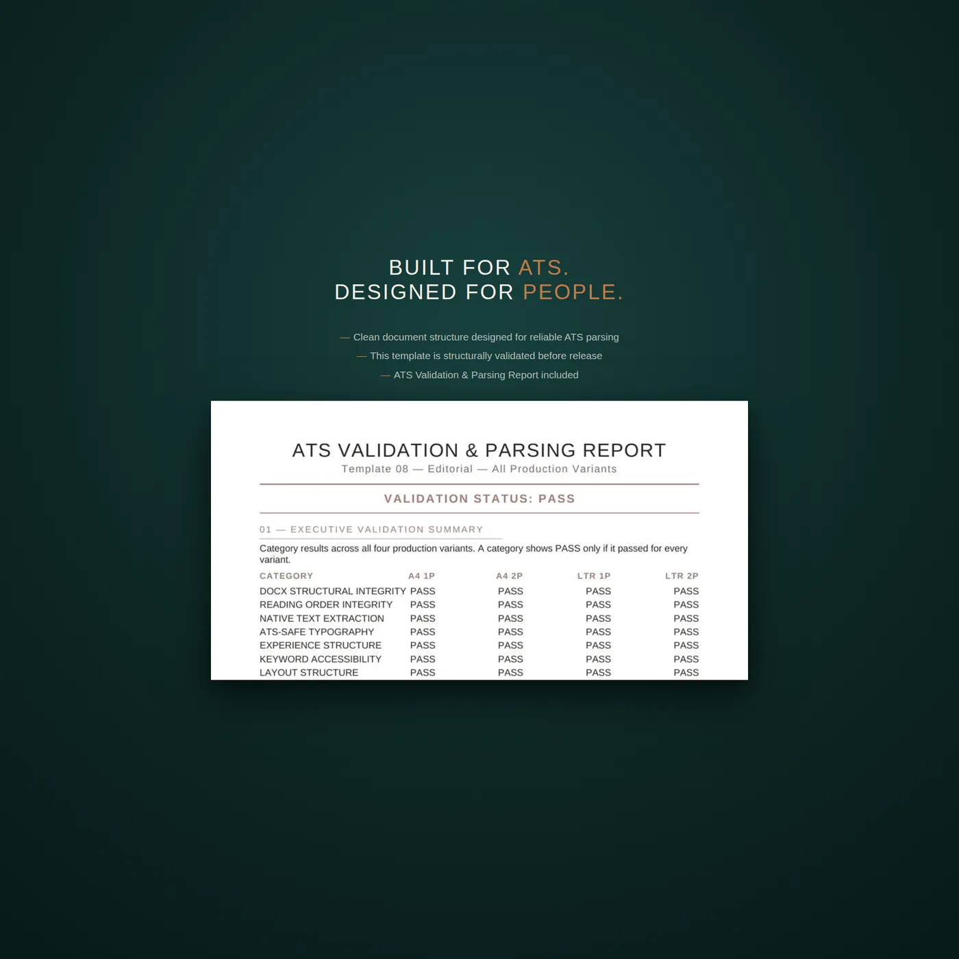 Editorial résumé template — built for the ats