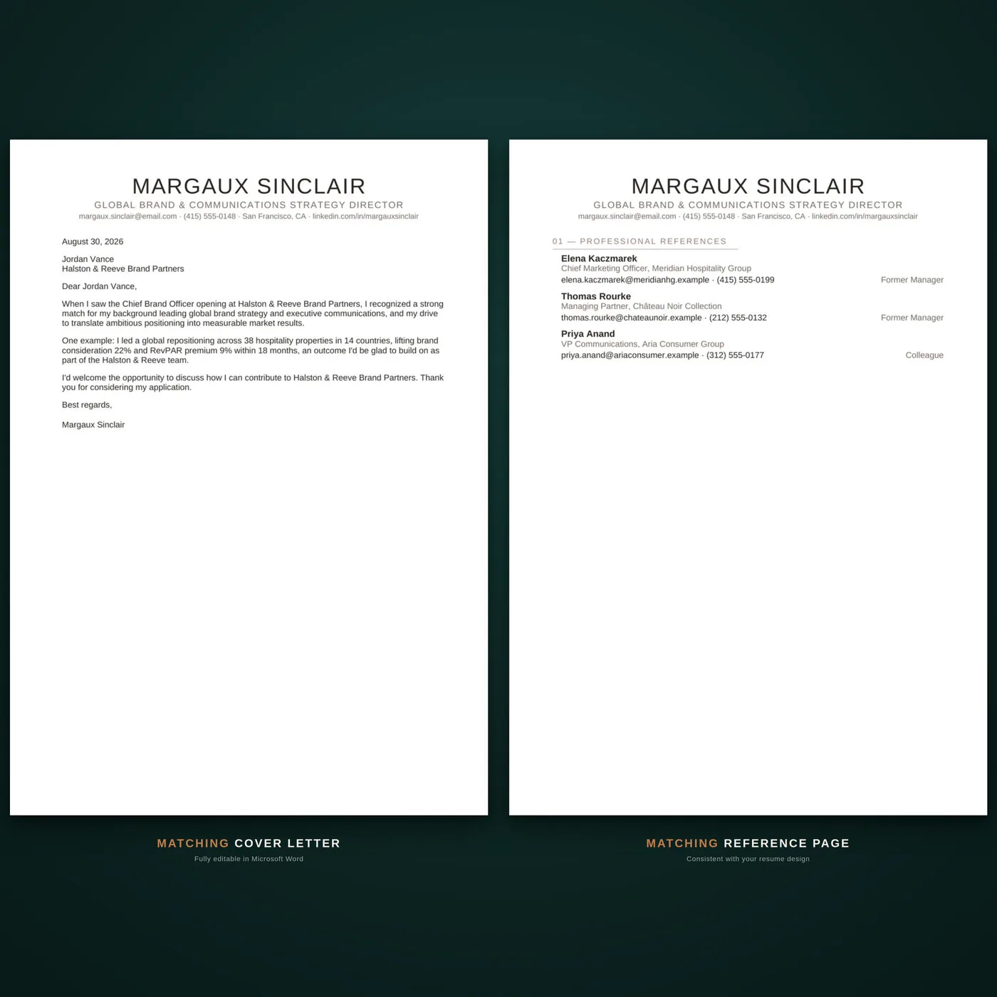 Editorial résumé template — matching cover letter & references