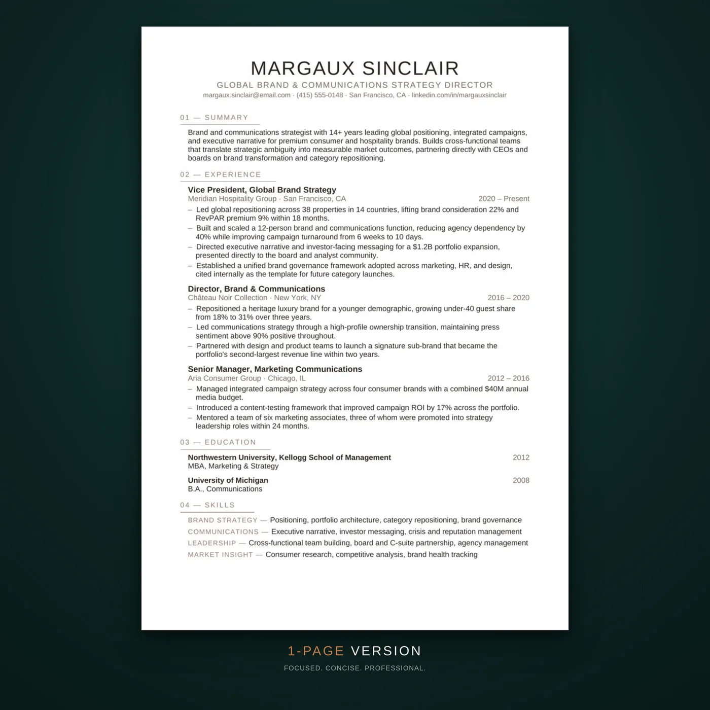 Editorial résumé template — one-page layout