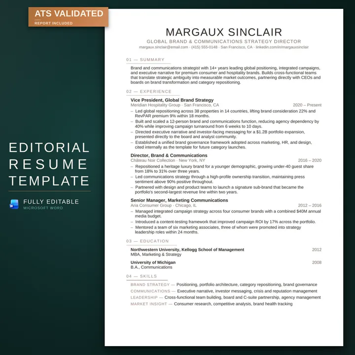 Editorial résumé template — listing image on the RoberOnix teal background
