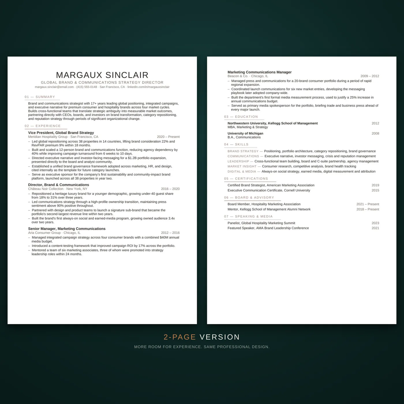 Editorial résumé template — two-page layout