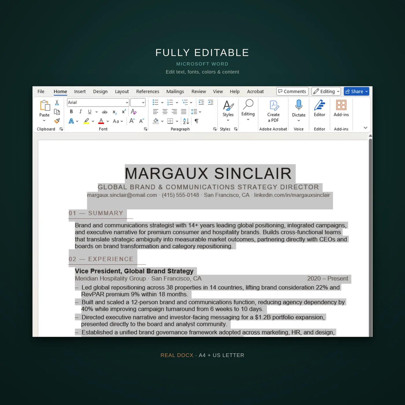 Editorial résumé template — fully editable in word