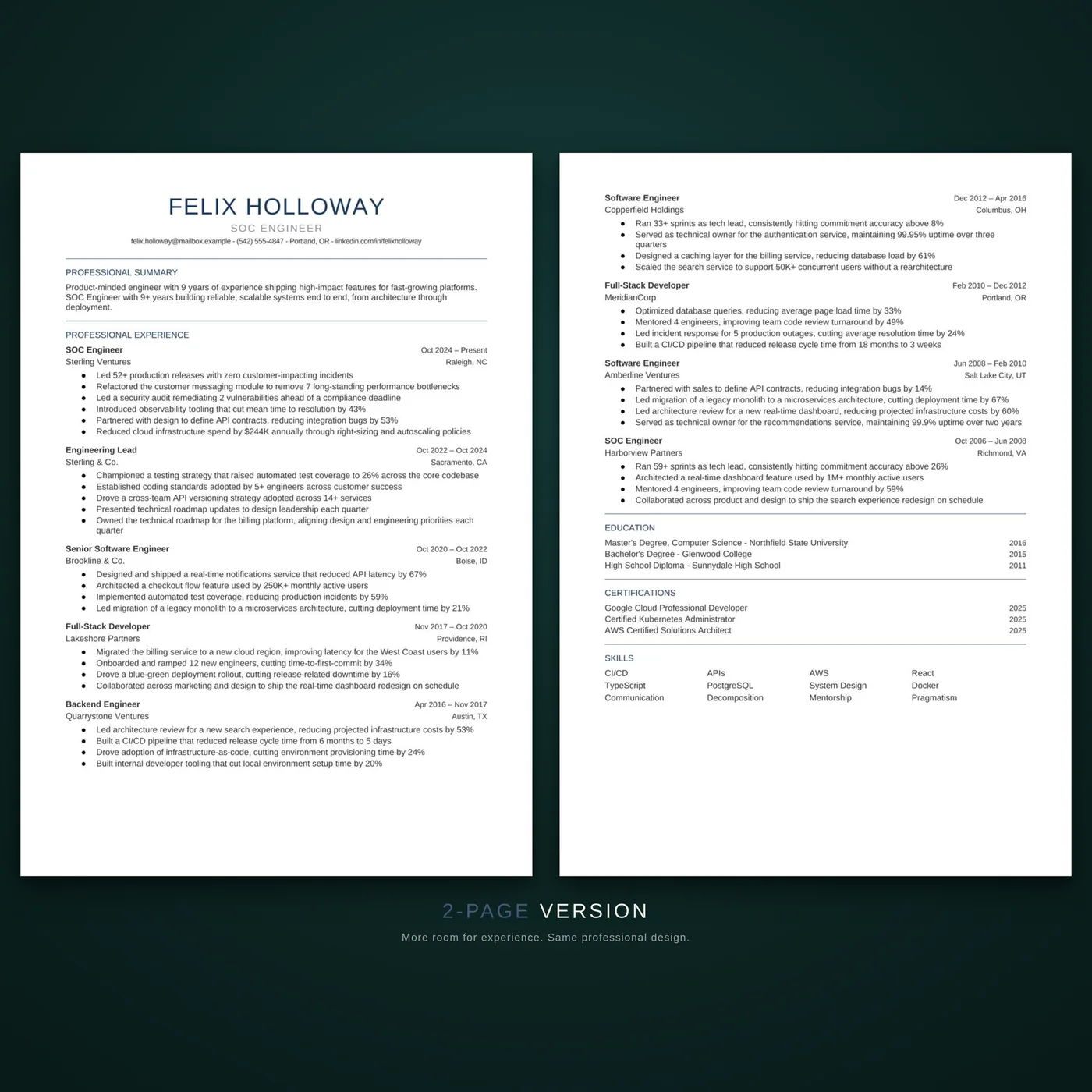 Essential résumé template — two-page layout