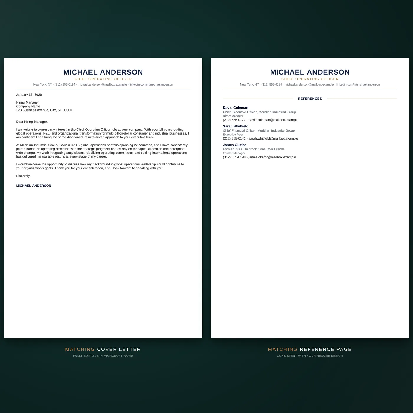 Executive résumé template — matching cover letter & references