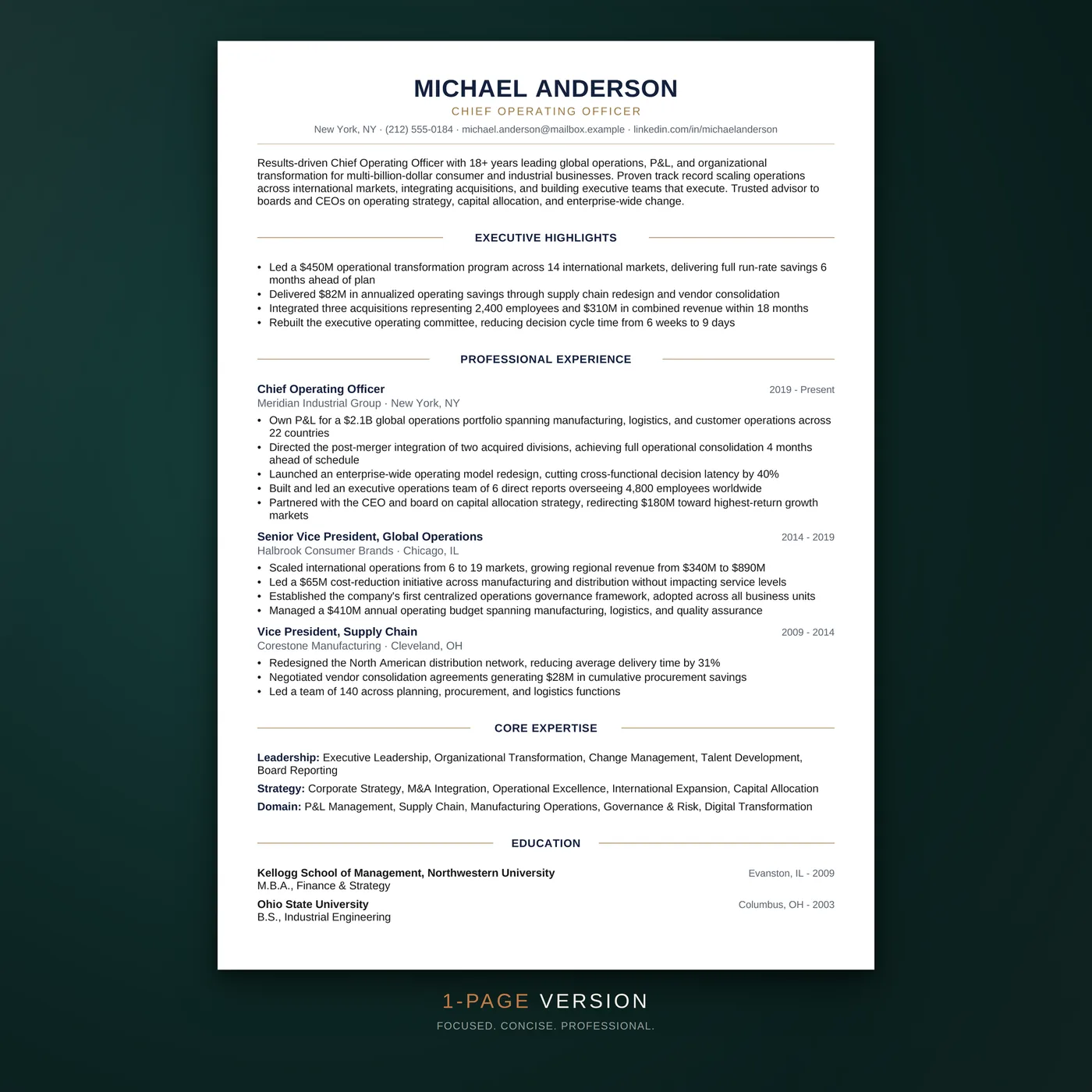 Executive résumé template — one-page layout