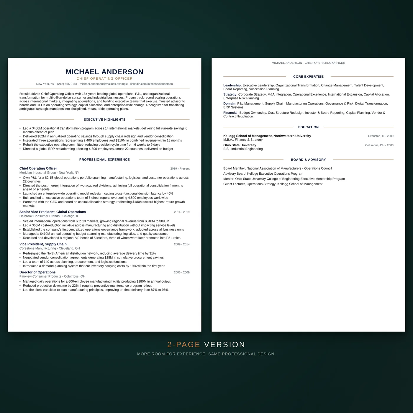 Executive résumé template — two-page layout