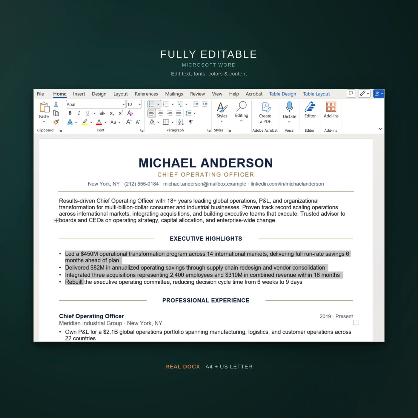 Executive résumé template — fully editable in word