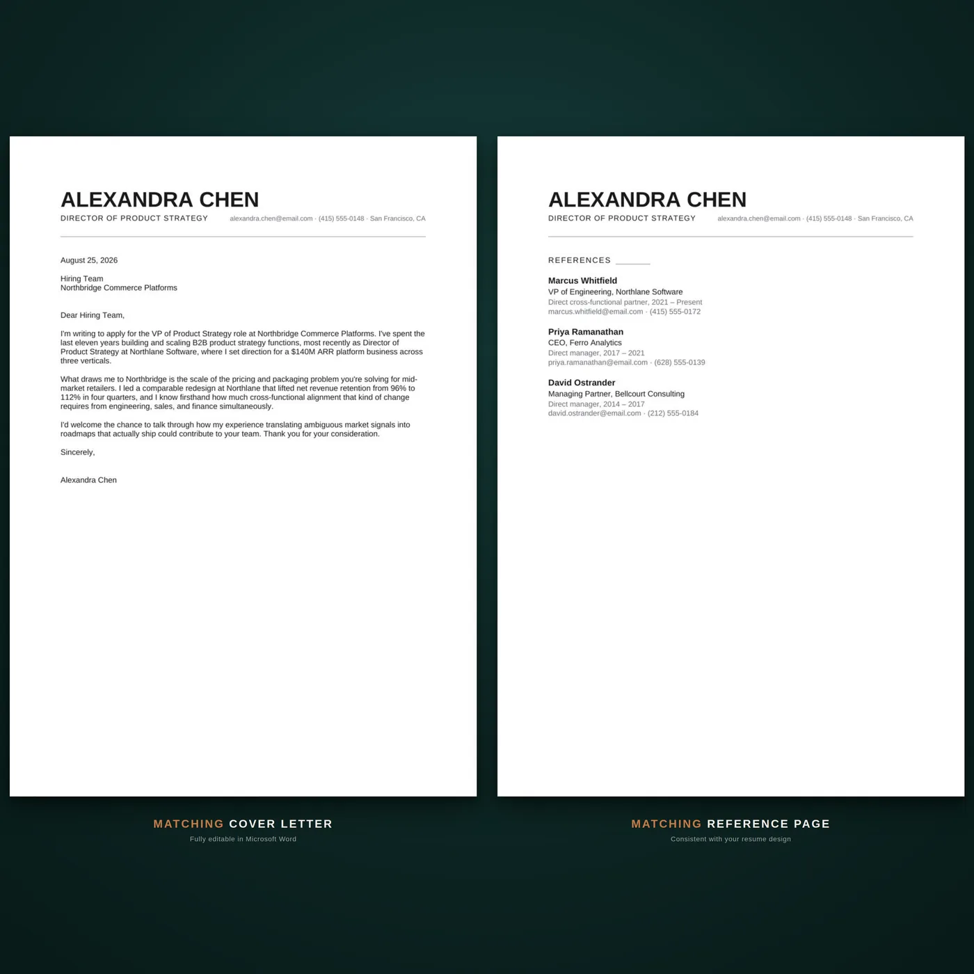 Minimal résumé template — matching cover letter & references
