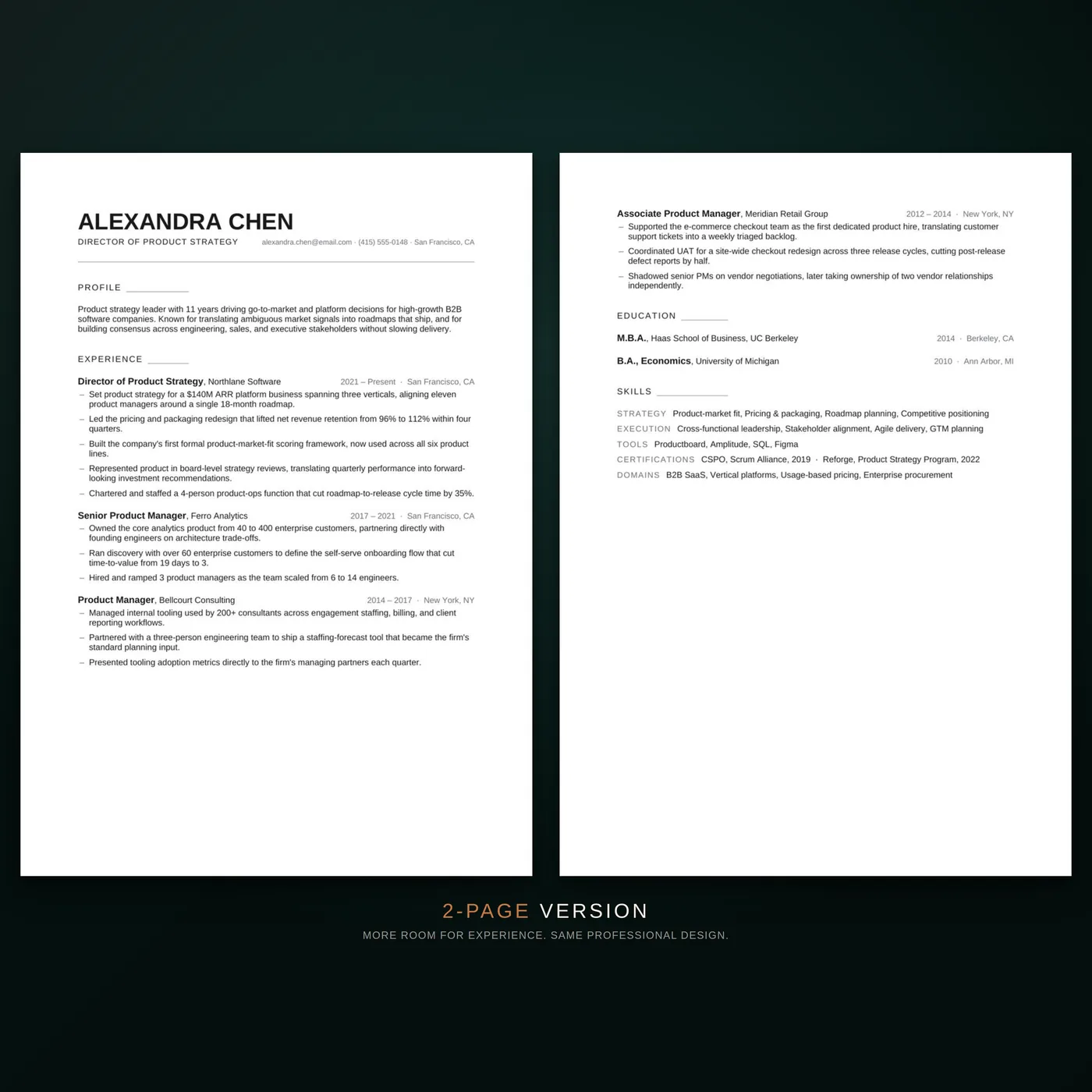 Minimal résumé template — two-page layout