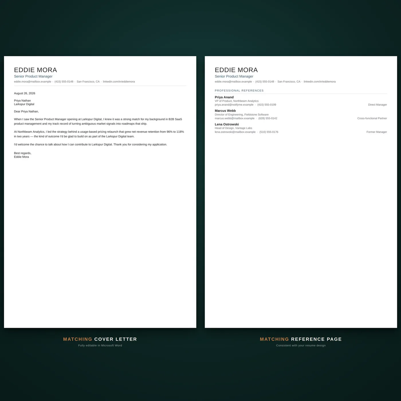 Modern résumé template — matching cover letter & references