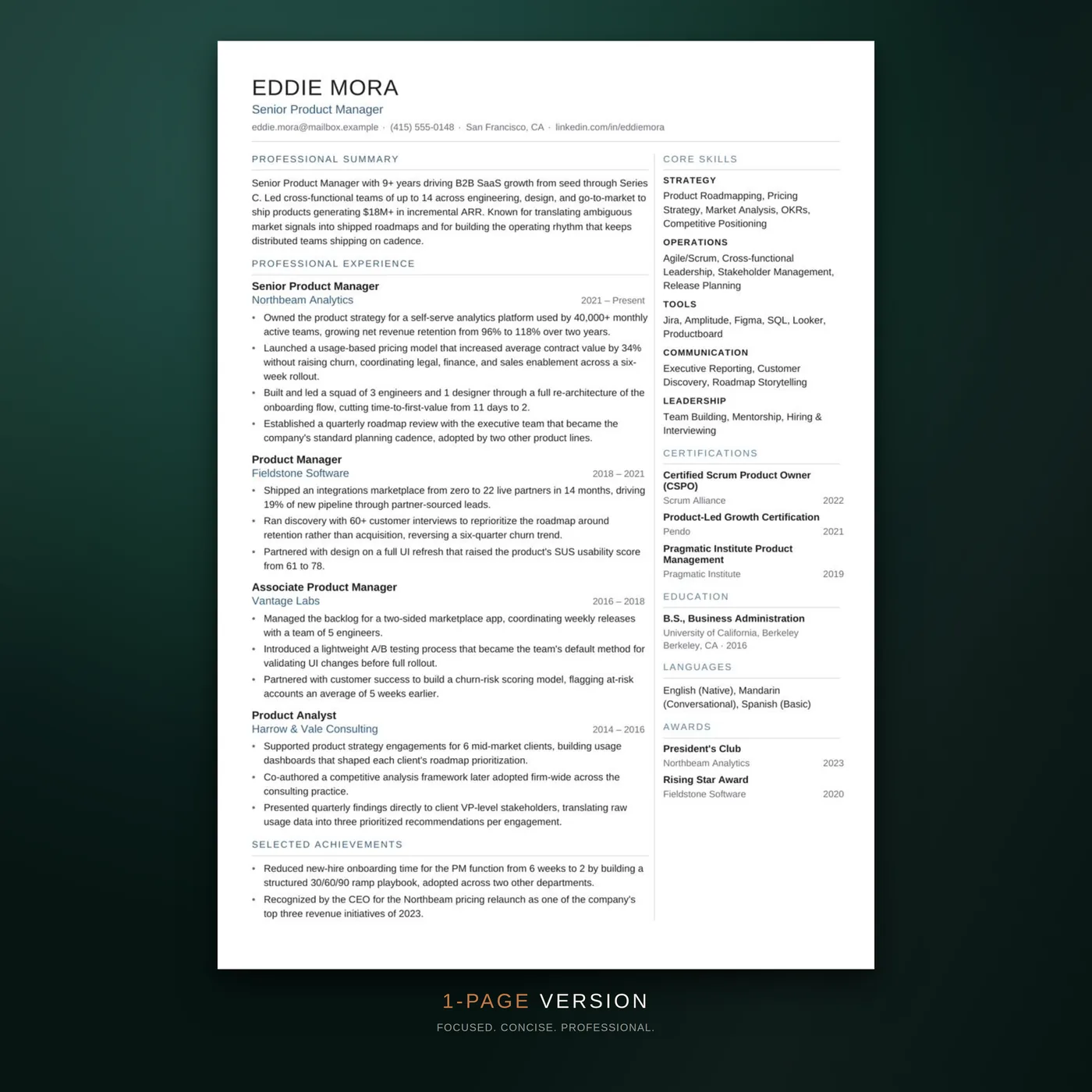Modern résumé template — one-page layout