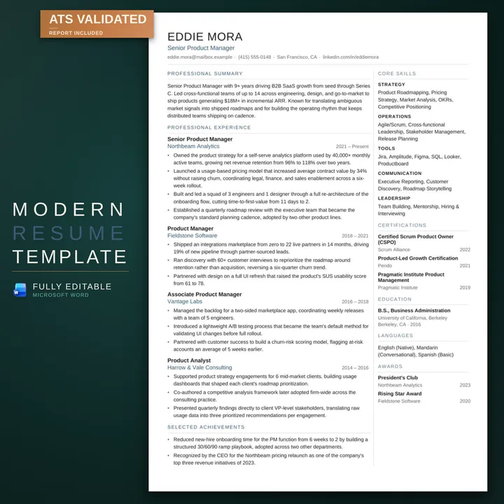 Modern résumé template — listing image on the RoberOnix teal background