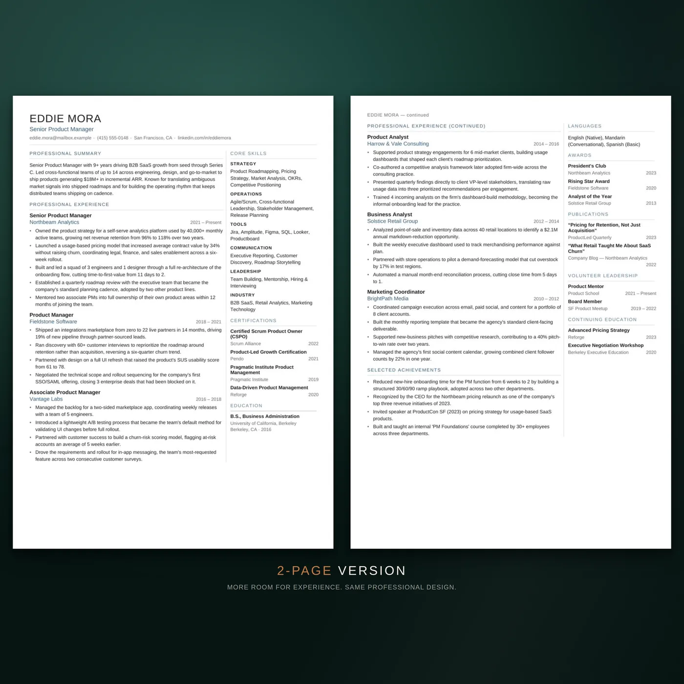 Modern résumé template — two-page layout