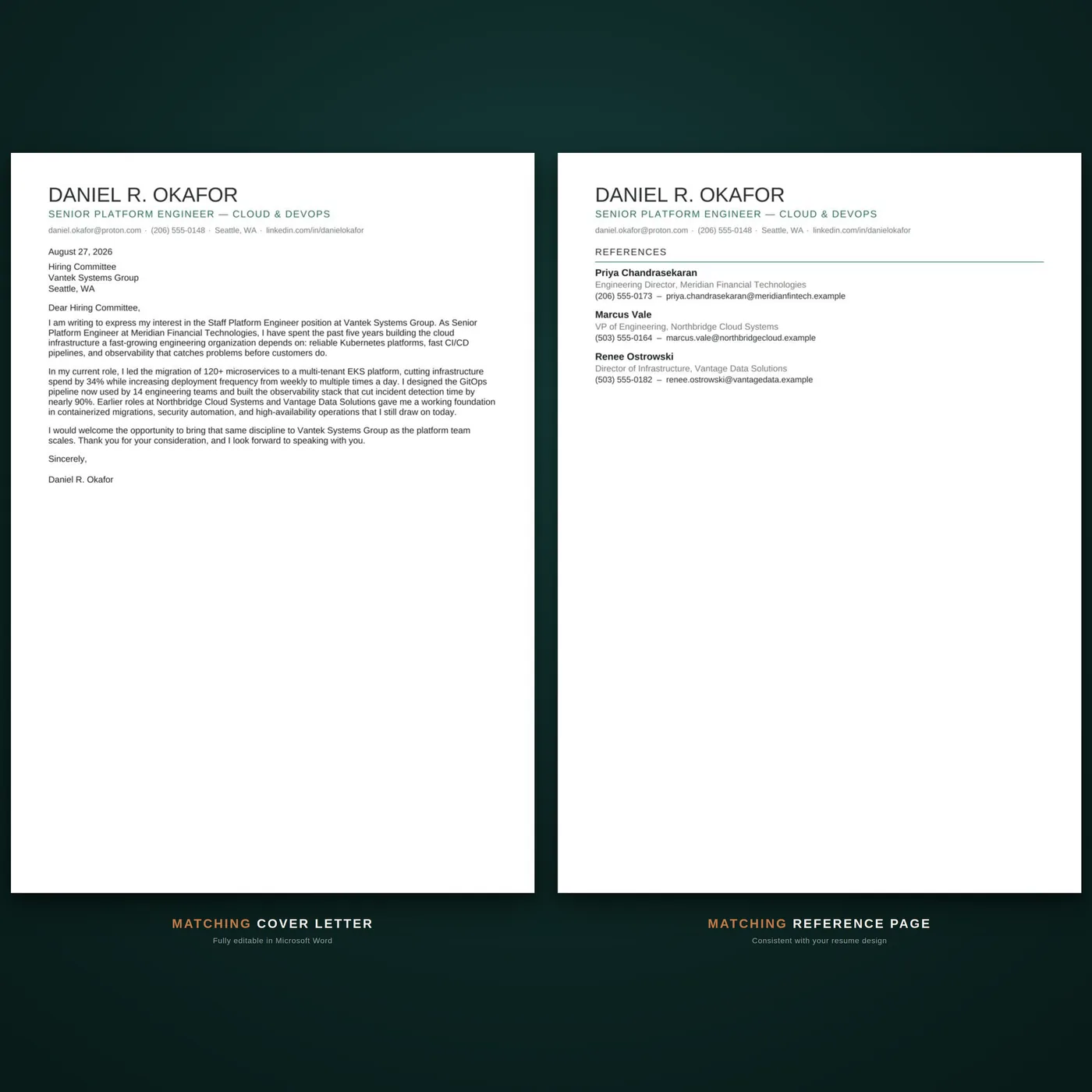 Technical résumé template — matching cover letter & references