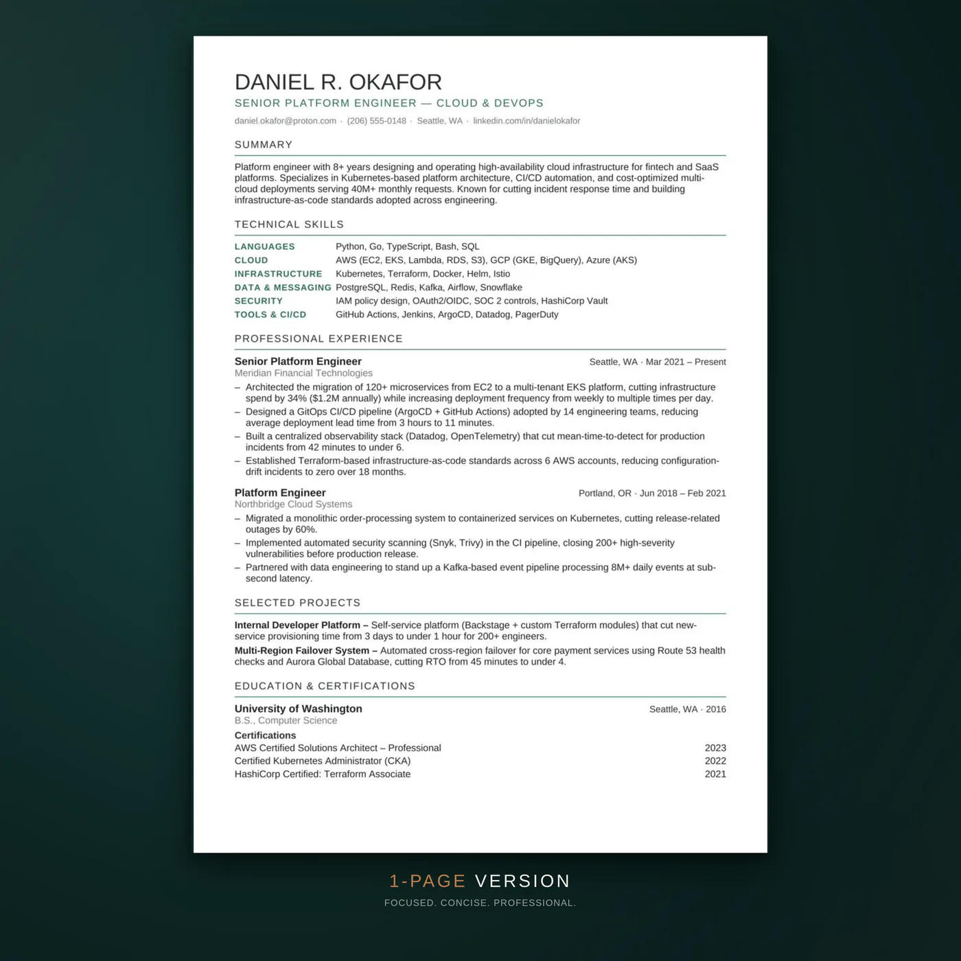 Technical résumé template — one-page layout