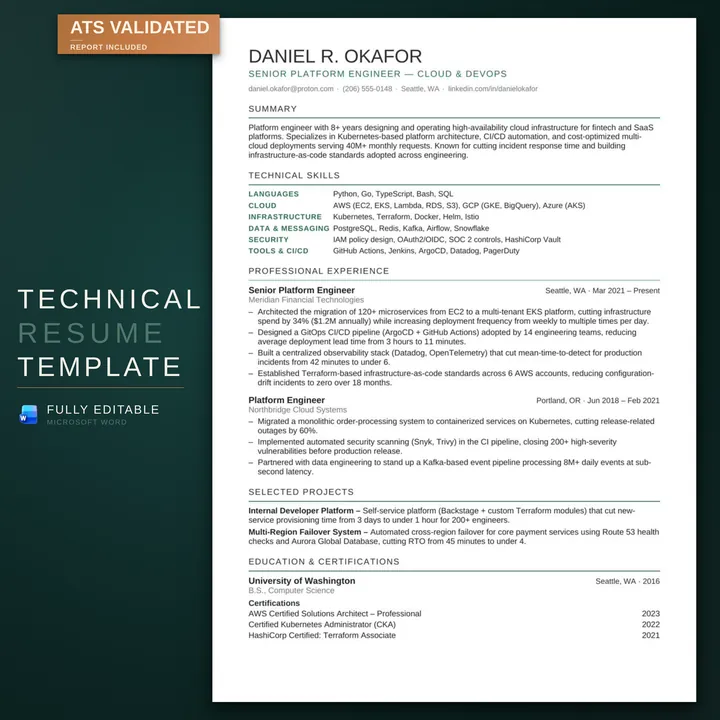 Technical résumé template — listing image on the RoberOnix teal background