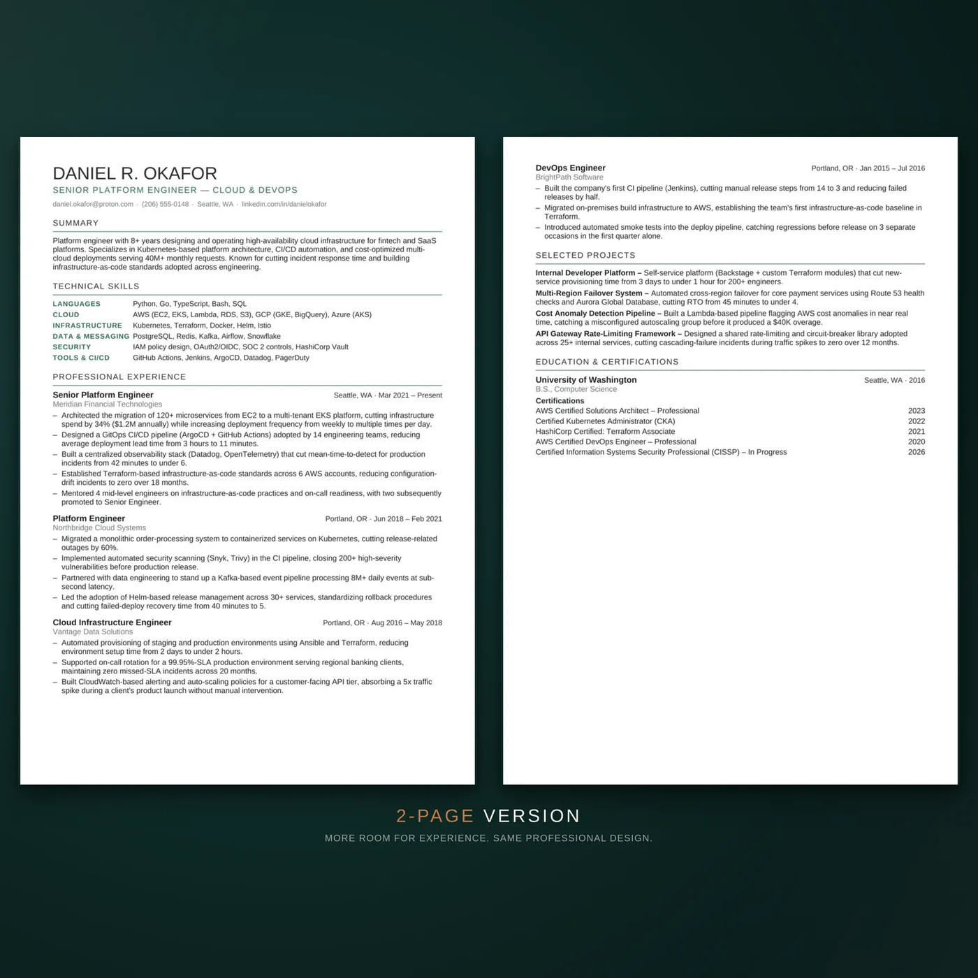 Technical résumé template — two-page layout