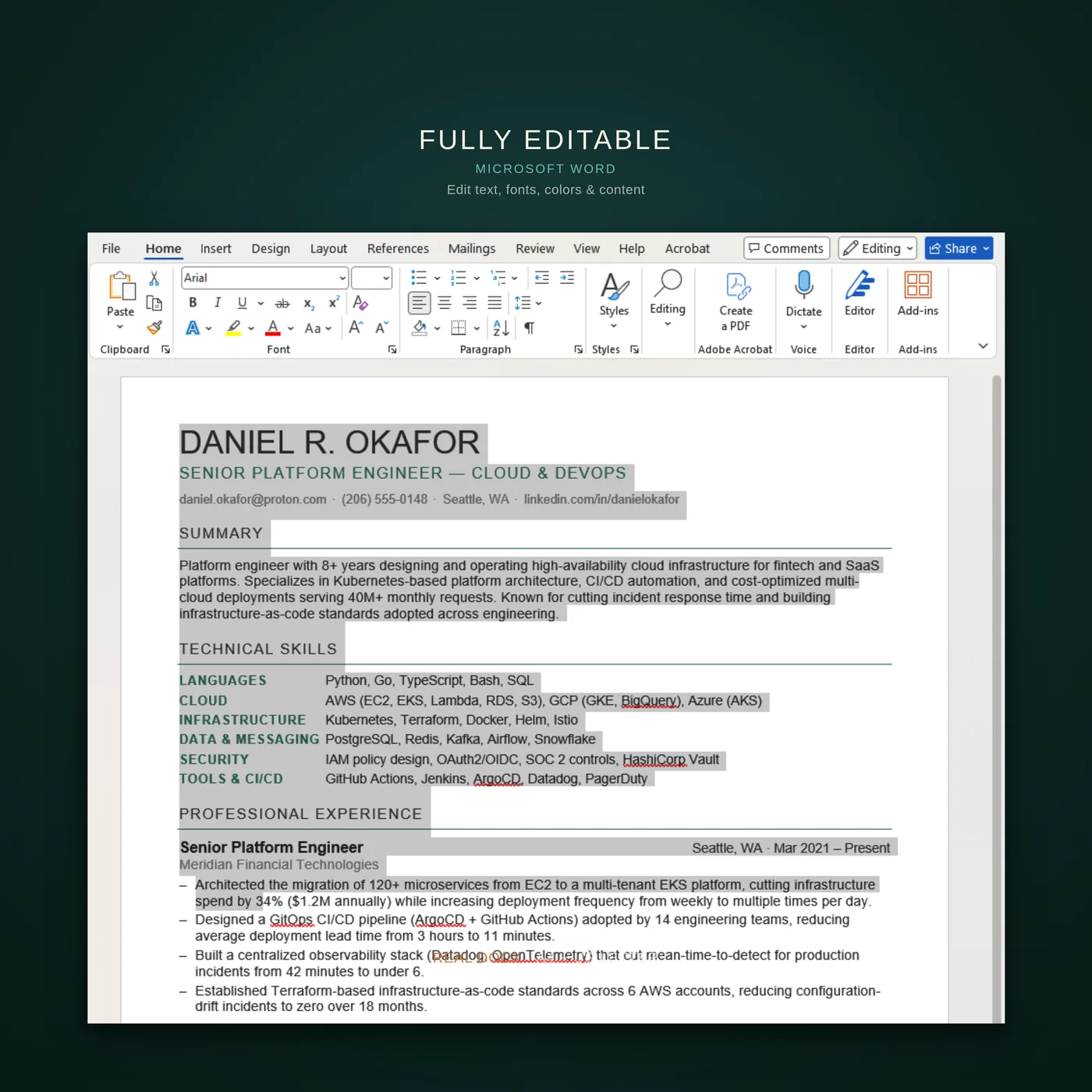 Technical résumé template — fully editable in word